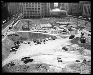 Deep pit being prepared for the construction of City Garage in Pershing Square, Los Angeles, 1951