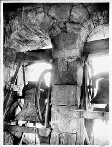 Close-up of the bells in the tower at Mission San Carlos Borromeo, Monterey, ca.1907