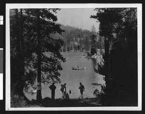 Three men looking at Lake Arrowhead, ca.1950