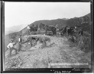 Horses attached to a winding apparatus at the construction of the Mount Lowe Railway, ca.1900