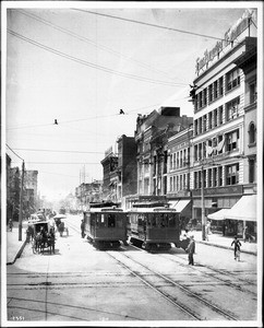 View of streetcars on Broadway looking south from Fifth Street in downtown Los Angeles, ca.1908