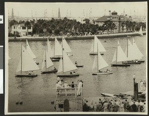 Large land-bound group of spectators viewing thirteen sailboats as they sail through the water, ca.1930