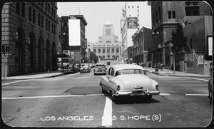 North Hope Street from Wilshire, showing the Los Angeles Public Library in the background, 1951