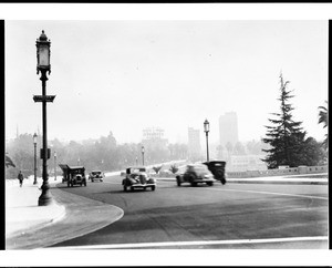 View of the Wilshire Boulevard causeway at MacArthur (Westlake) Park, looking east from Park View Street, December 1934