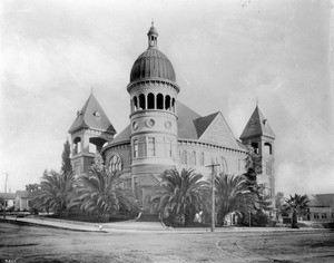 Exterior view of Pasadena's First Universalist Church and Public Library, ca.1900