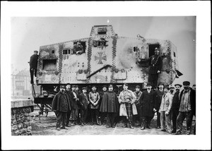 Captured German tank on a flat car in Paris, ca.1925