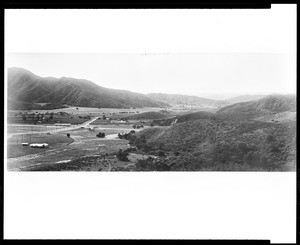 Aerial view looking south down Verdugo Canyon at Montrose, including Ritter's house, ca.1914