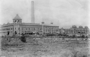 Exterior view of the Los Angeles Electric Railroad plant, ca.1892