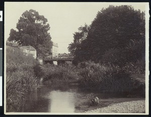 Creek scene showing bridge and buildings in San Jose, California, ca.1900