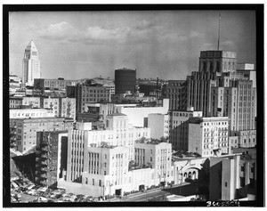 Panoramic view of downtown Los Angeles, showing City Hall in background, ca.1945