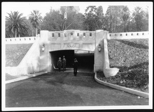 View of the Wilshire Boulevard overpass at Westlake Park (later MacArthur Park), 1930-1939