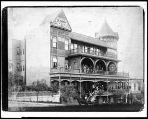 Exterior view of the Hotel St. Angelo on the corner of Grand Avenue and Temple Street, ca.1895