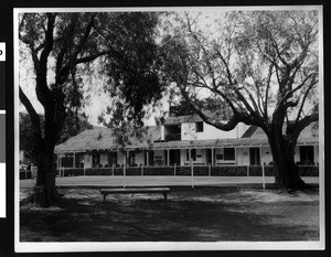 Exterior view of the remodeled adobe home of Tomas Sanchez on the Rancho Cienega de la Tiejera in Baldwin Hills, ca.1935