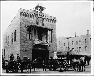 Engine company number four in front of the Old Fire House on Plaza Street in Los Angeles, 1887