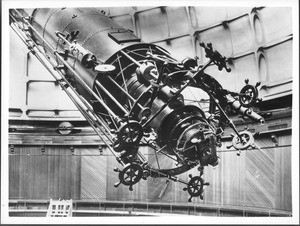 Interior view of Lick Observatory on Mount Hamilton showing the telescope, ca.1900