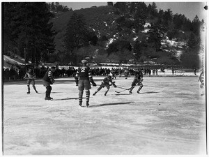 Team in the middle of an ice hockey game at Big Pines