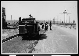 Steam roller paving a street in Los Angeles