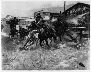The painting, "Smoke of a 45" by C.M. Russell depicting a street shootout, 1908
