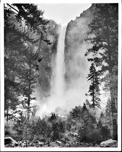 View of Bridal Veil Falls from the valley floor of the Yosemite Valley, Yosemite National Park, California, ca.1930