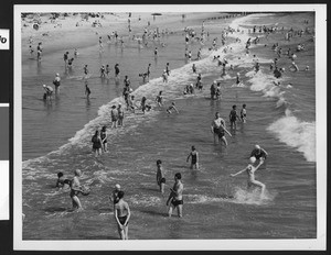 Bathers in the surf at a Los Angeles area beach, ca.1940