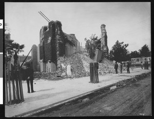 View of San Jose following the 1906 earthquake, showing damage done to Saint Patrick's Church, 1906