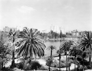 West Lake Park (later MacArthur Park) from Seventh Street and Alvarado Street, Los Angeles, ca.1930