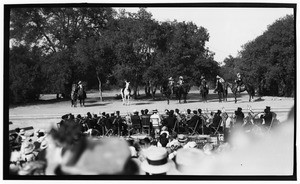 Outdoor play showing a band and people on horses, Claremont, ca.1930