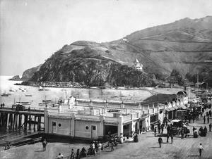 View of the aquarium and other buildings around the harbor in Avalon, ca.1910