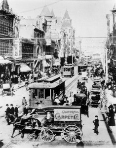 Busy intersection of Spring Street and Third Street, looking north from Third, Downtown Los Angeles, ca.1905