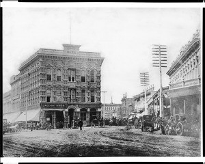 Temple Block on Spring Street and Main Street, ca.1885