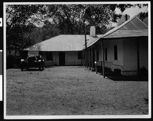 Exterior view of an adobe at La Liebre Ranch (once Beale Ranch) on the west end of Antelope Valley, 1932