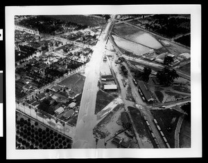 Aerial view of flooded "Highway Number 10", Anaheim, 1938