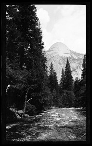 Wide river surrounded by tall pine trees, showing the Half Dome in the background, Yosemite National Park, California