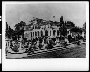 Painting of an exterior view of a Spanish-style home in Whittier, ca.1930