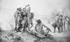 Painting by Einar Corsten Petersen, depicting Native Americans meeting the Spanish