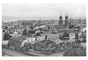 Drawing by Adolf Wellman depicting a view of San Francisco from the California Street Hotel, 1885