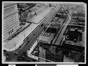 Panoramic view of Los Angeles Civic Center, showing divided plots, ca.1932-1937