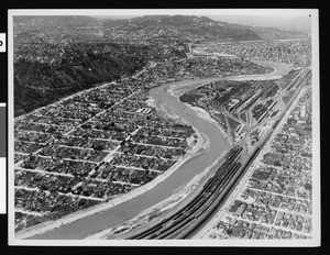 Aerial view of the Los Angeles River looking northwest towards Fletcher Drive, 1940