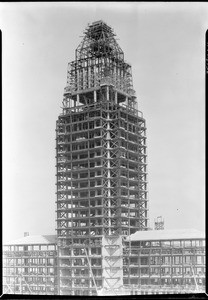 View of the construction of the Los Angeles City Hall tower, 1926-1928