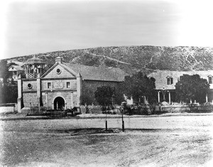 Exterior view of Mission Nuestra Senora de La Reina de Los Angeles (or the Plaza Church), Los Angeles, 1876