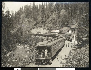 View of a train and a river within the valleys of Shasta Springs