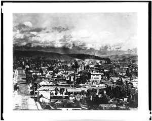 Birdseye view of Los Angeles looking down North Broadway from Fort Moore Hill, ca.1895