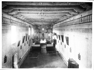 Interior (viewed from the choir loft) of the church of Mission San Miguel Arcangel, near Templeton, California, 1905