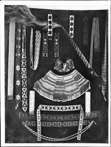 Collection of Mojave Indian bead work on display, ca.1900