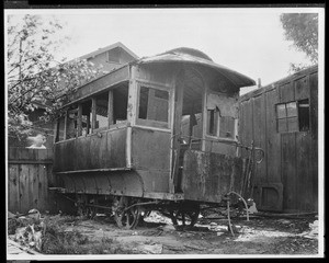 Derelict horse-drawn streetcar at the end of Pico Boulevard in Los Angeles, 1920-1930