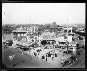 View of the roller coaster at Venice looking east from the Pacific Electric Station, ca.1920