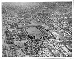 Aerial view of Exposition Park looking south with Vermont Avenue in the foreground, 1918