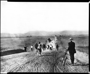 Times Bicycle Club (Los Angeles Times?) on Western Avenue looking north from Pico Boulevard, September 4, 1895
