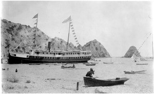 Avalon Harbor on Santa Catalina Island showing the steamer "Hermosa", ca.1890