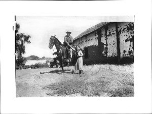 Don Juan Chavez on a horse in front of the hacienda of Juan Francisco Reyes, San Fernando Valley, ca.1932